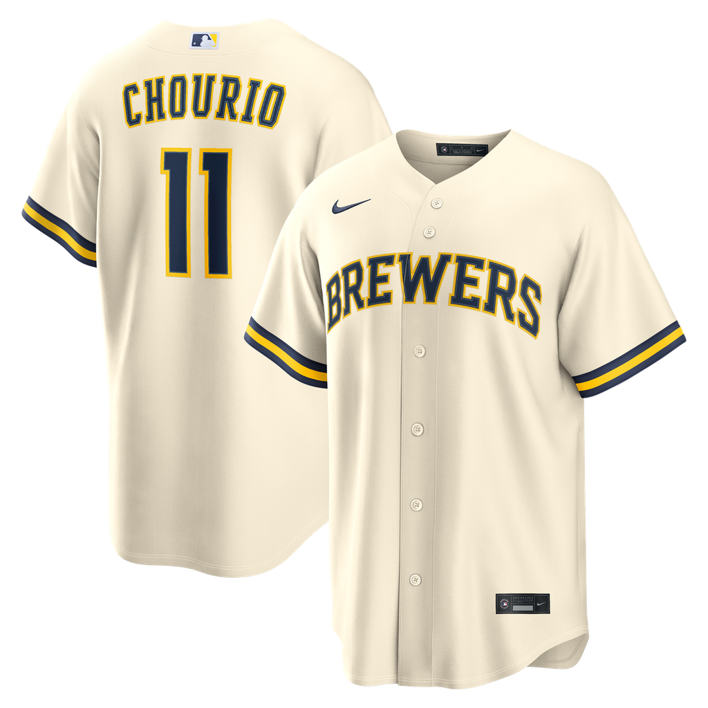 Milwaukee Brewers Jackson Chourio Nike Cream Home Replica Jersey product image 1, provided for visual reference and product