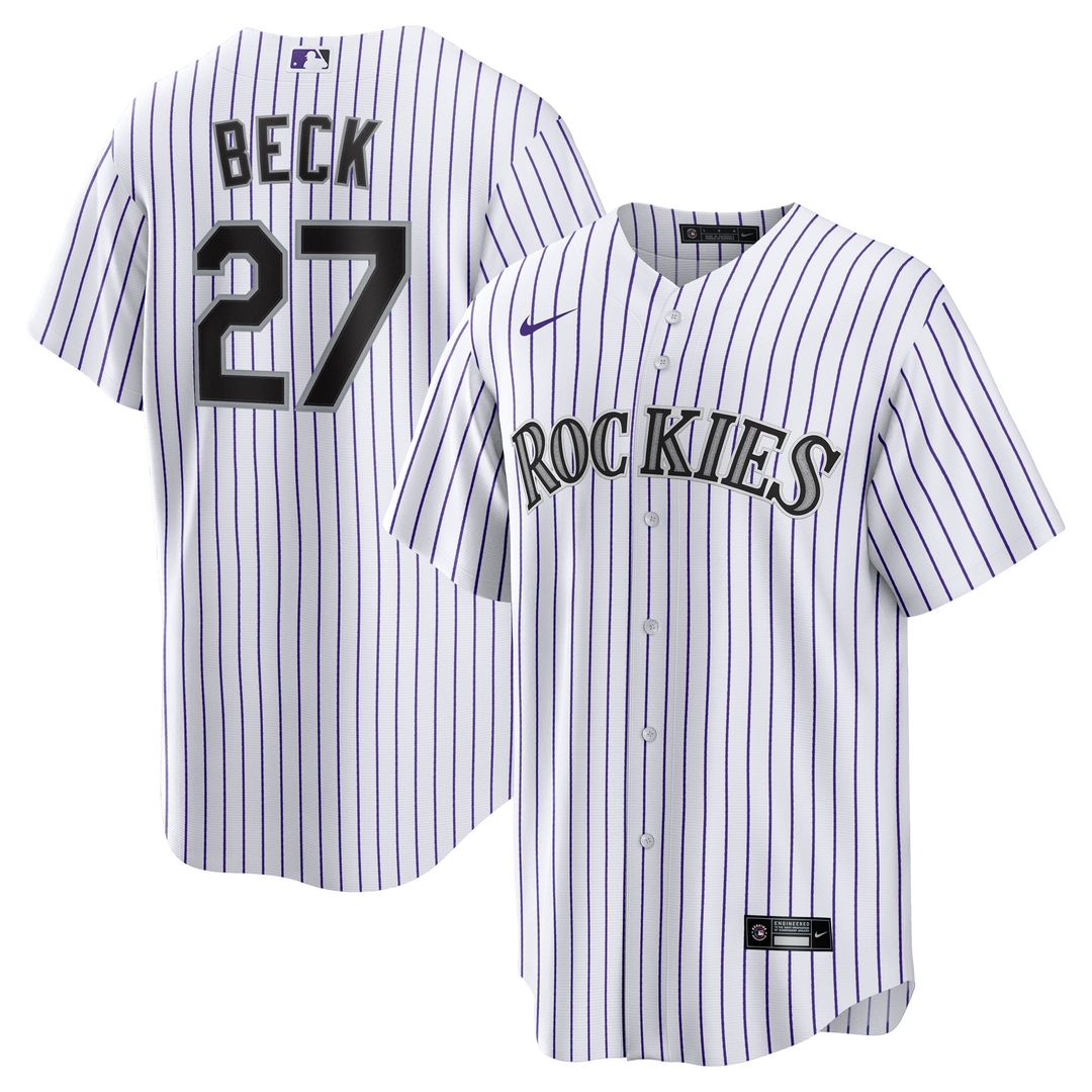 Colorado Rockies Jordan Beck Nike White Home Replica Jersey product image 1, provided for visual reference and product