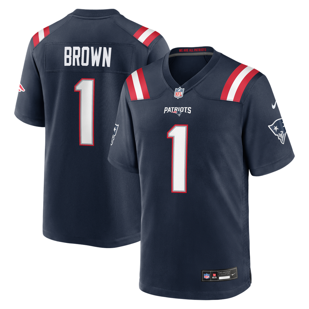 New England Patriots A.J. Brown Nike Navy Team Game Jersey product image 1, provided for visual reference and product detail