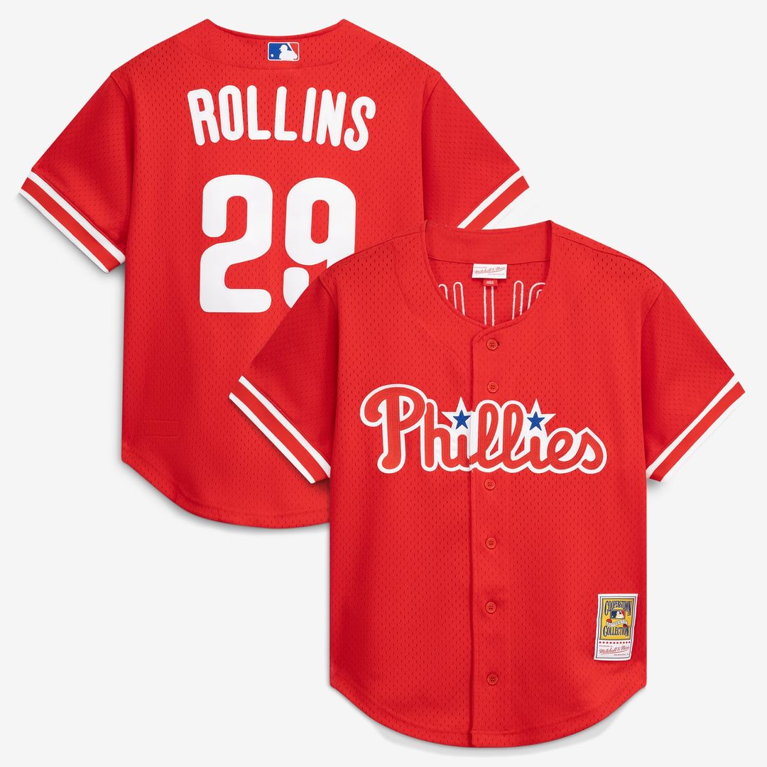 Philadelphia Phillies Jimmy Rollins Mitchell & Ness Red Cooperstown Mesh Batting Practice Button-Up Jersey product image 1,