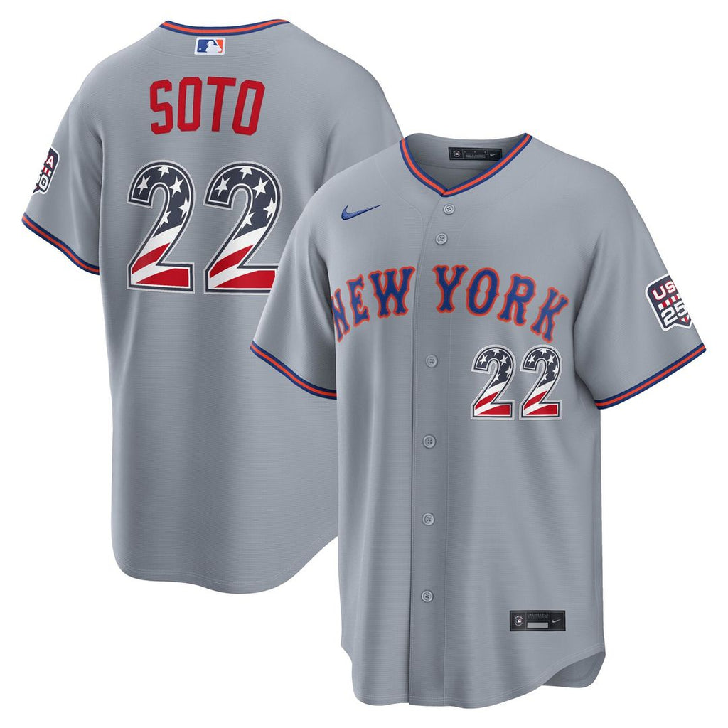 Fourth of July New York Mets Juan Soto Nike Gray USA 250 Stadium Jersey product image 1, provided for visual reference and