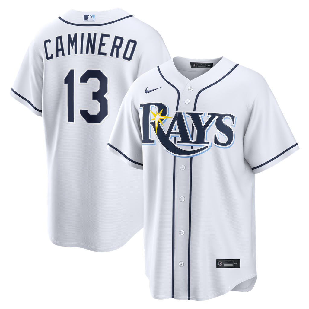 Tampa Bay Rays Junior Caminero Nike White Home Replica Jersey product image 1, provided for visual reference and product