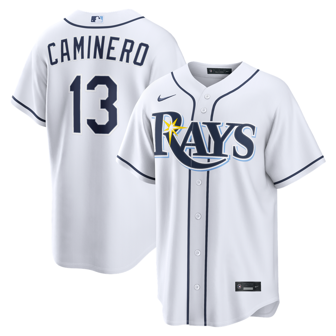 Tampa Bay Rays Junior Caminero Nike White Home Replica Jersey product image 1, provided for visual reference and product