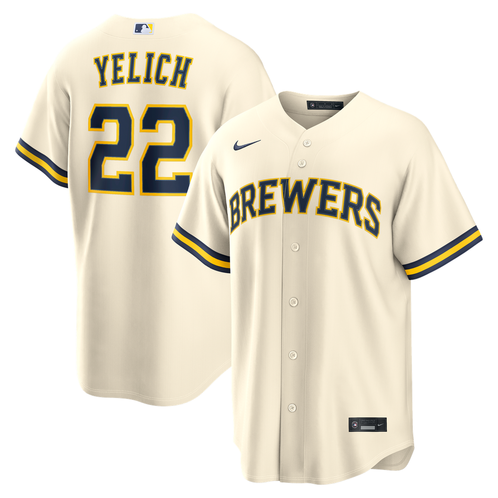 Milwaukee Brewers Christian Yelich Nike Cream Home Replica Jersey product image 1, provided for visual reference and product