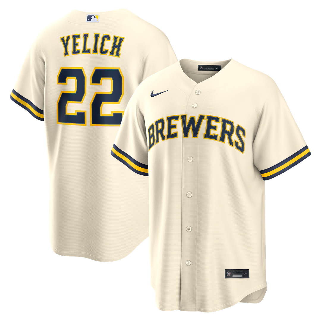 Milwaukee Brewers Christian Yelich Nike Cream Home Replica Jersey product image 1, provided for visual reference and product