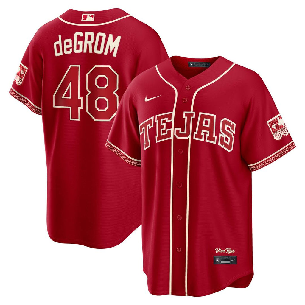 Texas Rangers Jacob deGrom Nike Red 2026 City Connect Stadium Jersey product image 1, provided for visual reference and