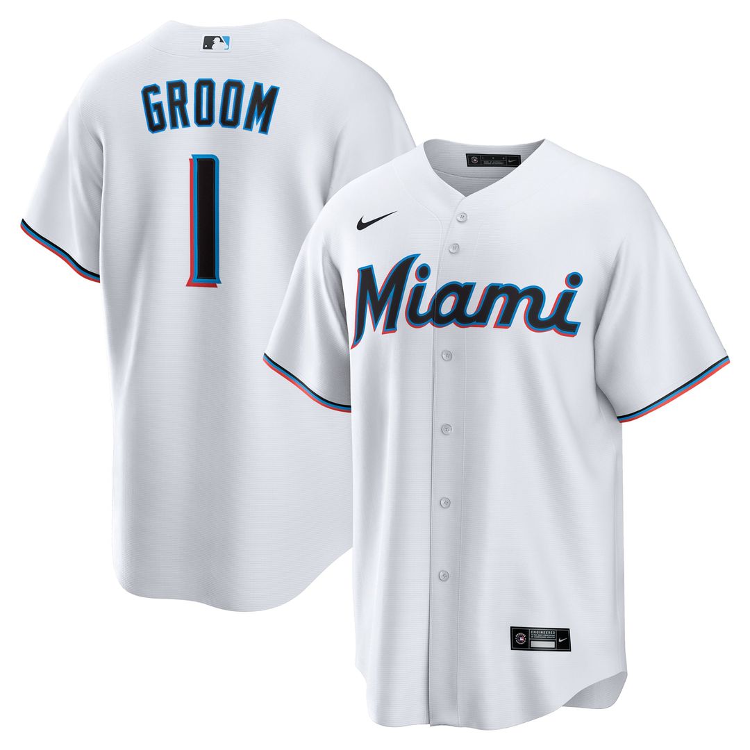 Miami Marlins Nike White #1 Groom Home Replica Jersey product image 1, provided for visual reference and product detail