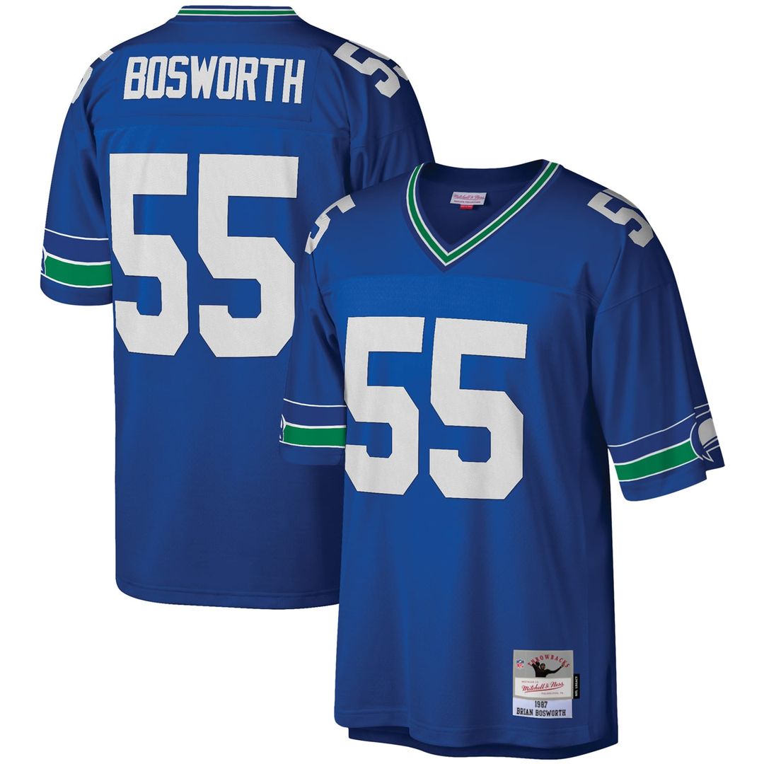 Seattle Seahawks Brian Bosworth Mitchell & Ness Royal Legacy Replica Jersey product image 1, provided for visual reference
