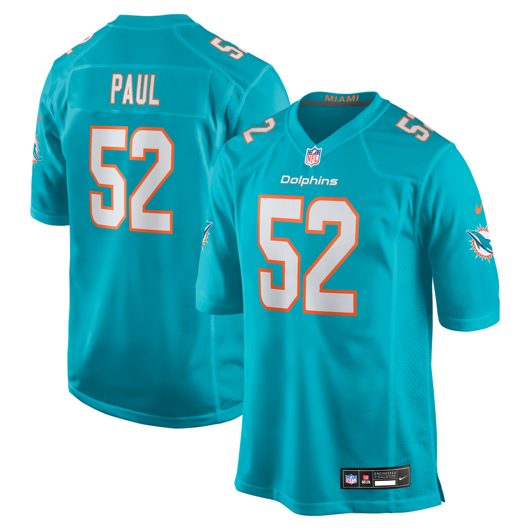 Miami Dolphins Patrick Paul Nike Aqua Game Jersey product image 1, provided for visual reference and product detail review