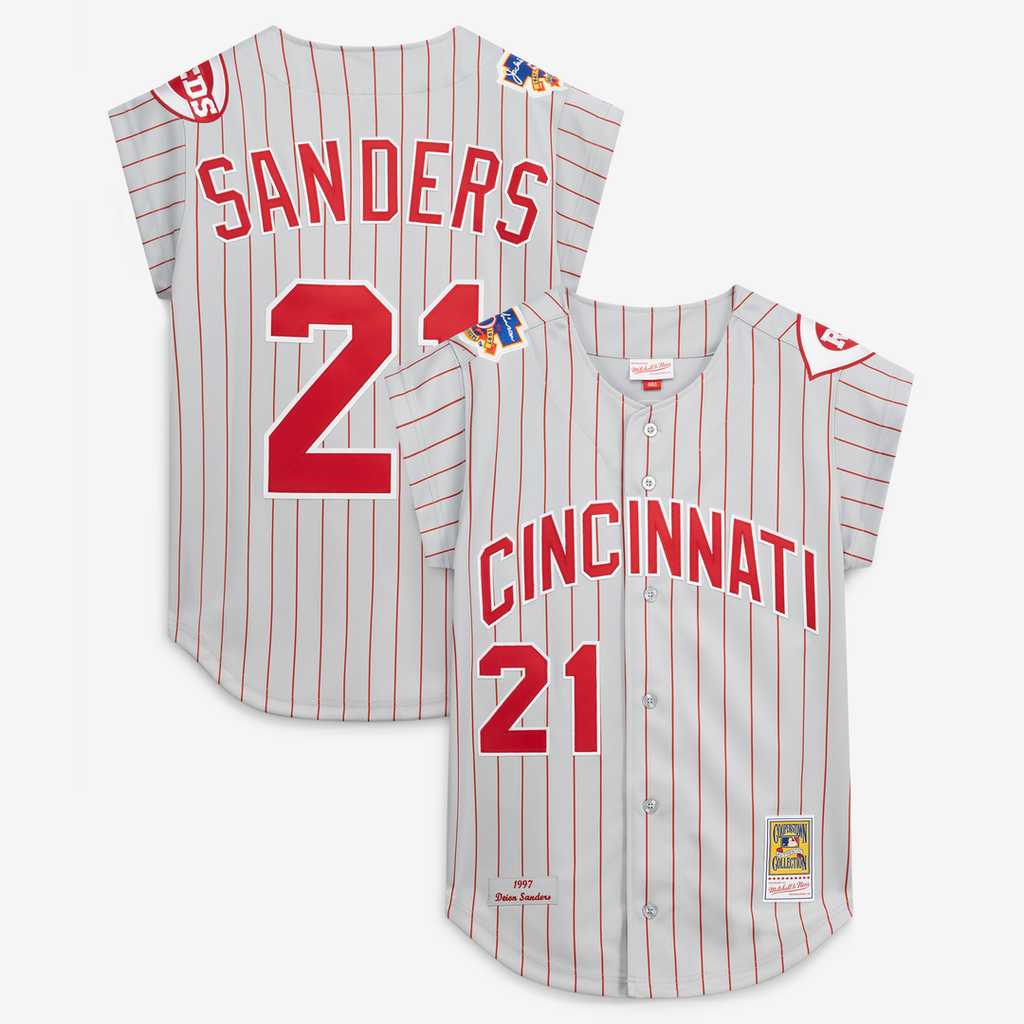 Cincinnati Reds Deion Sanders Mitchell & Ness Gray 1997 Authentic Jersey product image 1, provided for visual reference and