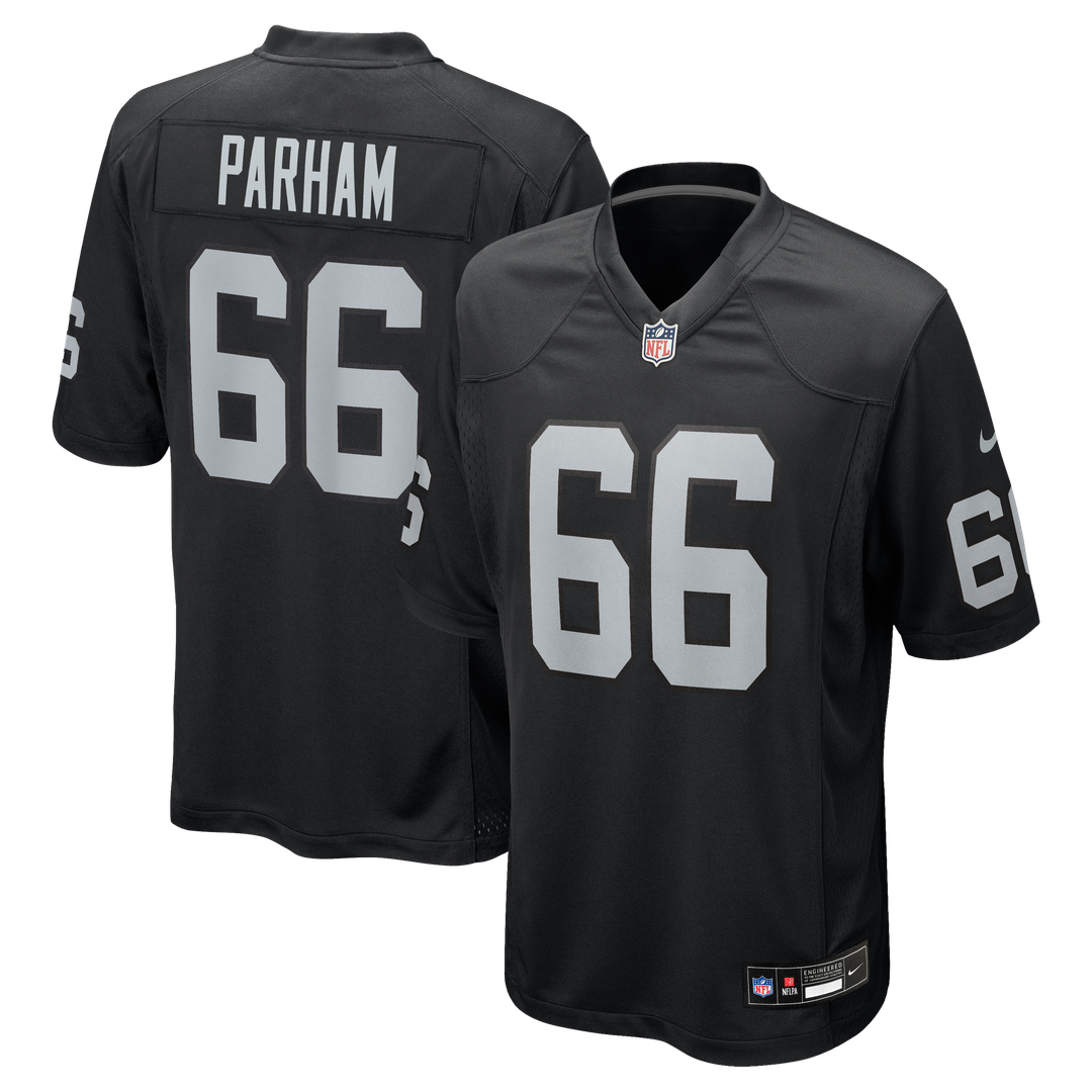 Las Vegas Raiders Dylan Parham Nike Black Game Player Jersey product image 1, provided for visual reference and product