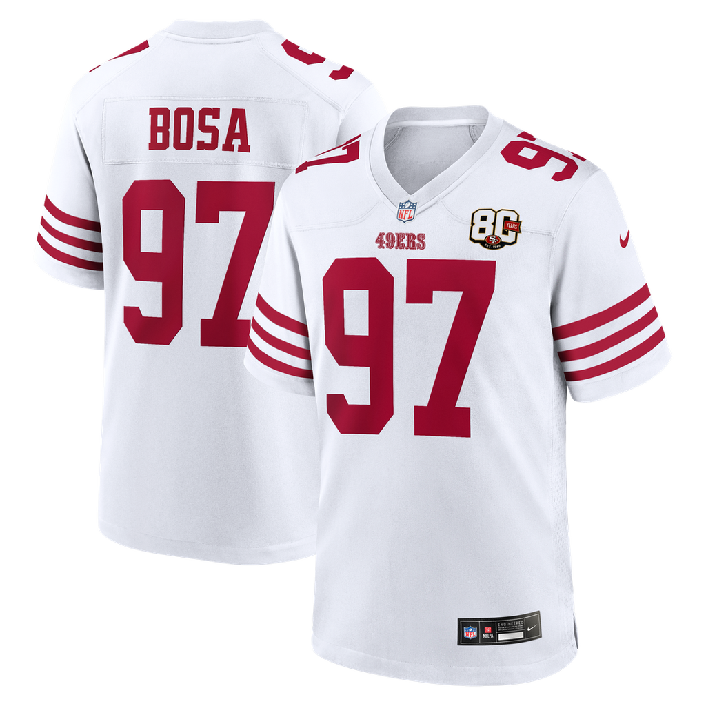 San Francisco 49ers Nick Bosa Nike White 80th Anniversary Game Jersey product image 1, provided for visual reference and
