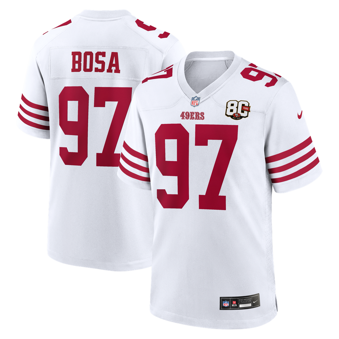 San Francisco 49ers Nick Bosa Nike White 80th Anniversary Game Jersey product image 1, provided for visual reference and