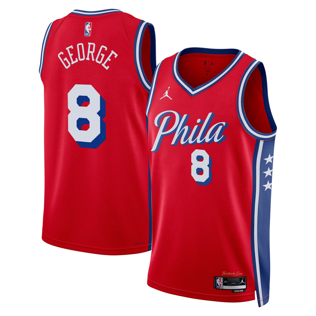 Philadelphia 76ers Jordan Brand Statement Edition Swingman Jersey - Red - Paul George - Unisex product image 1, provided for