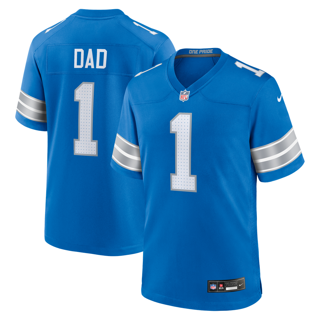 Detroit Lions Number 1 Dad Nike Blue Game Jersey product image 1, provided for visual reference and product detail review