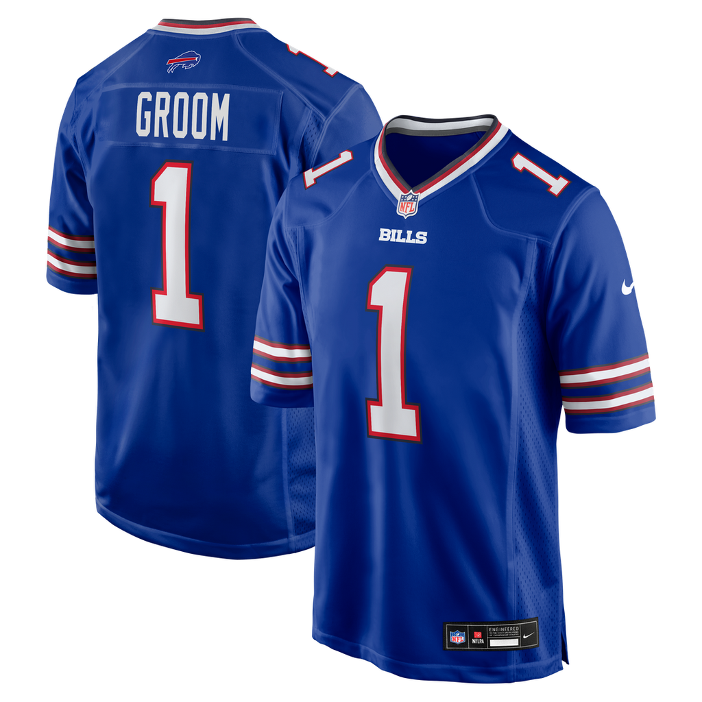Buffalo Bills Number 1 Groom Nike Royal Game Jersey product image 1, provided for visual reference and product detail review