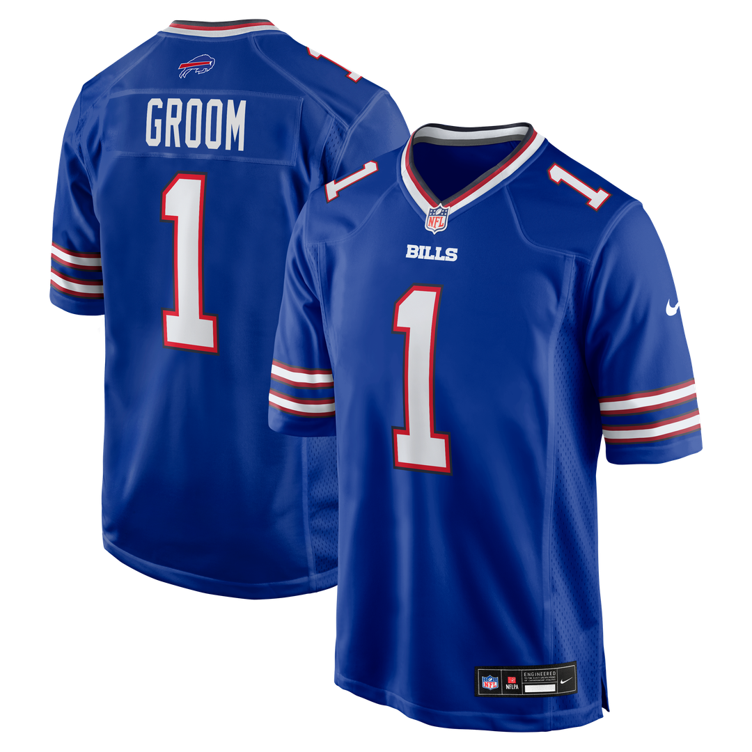 Buffalo Bills Number 1 Groom Nike Royal Game Jersey product image 1, provided for visual reference and product detail review