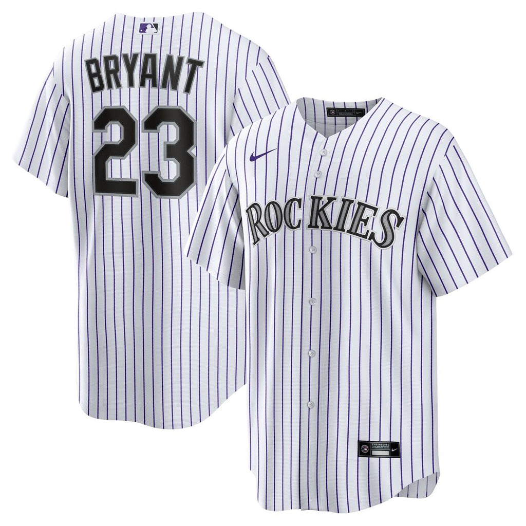 Colorado Rockies Kris Bryant Nike White/Purple Replica Player Jersey product image 1, provided for visual reference and