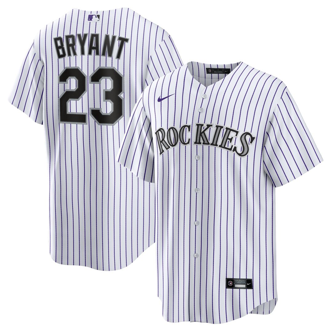 Colorado Rockies Kris Bryant Nike White/Purple Replica Player Jersey product image 1, provided for visual reference and
