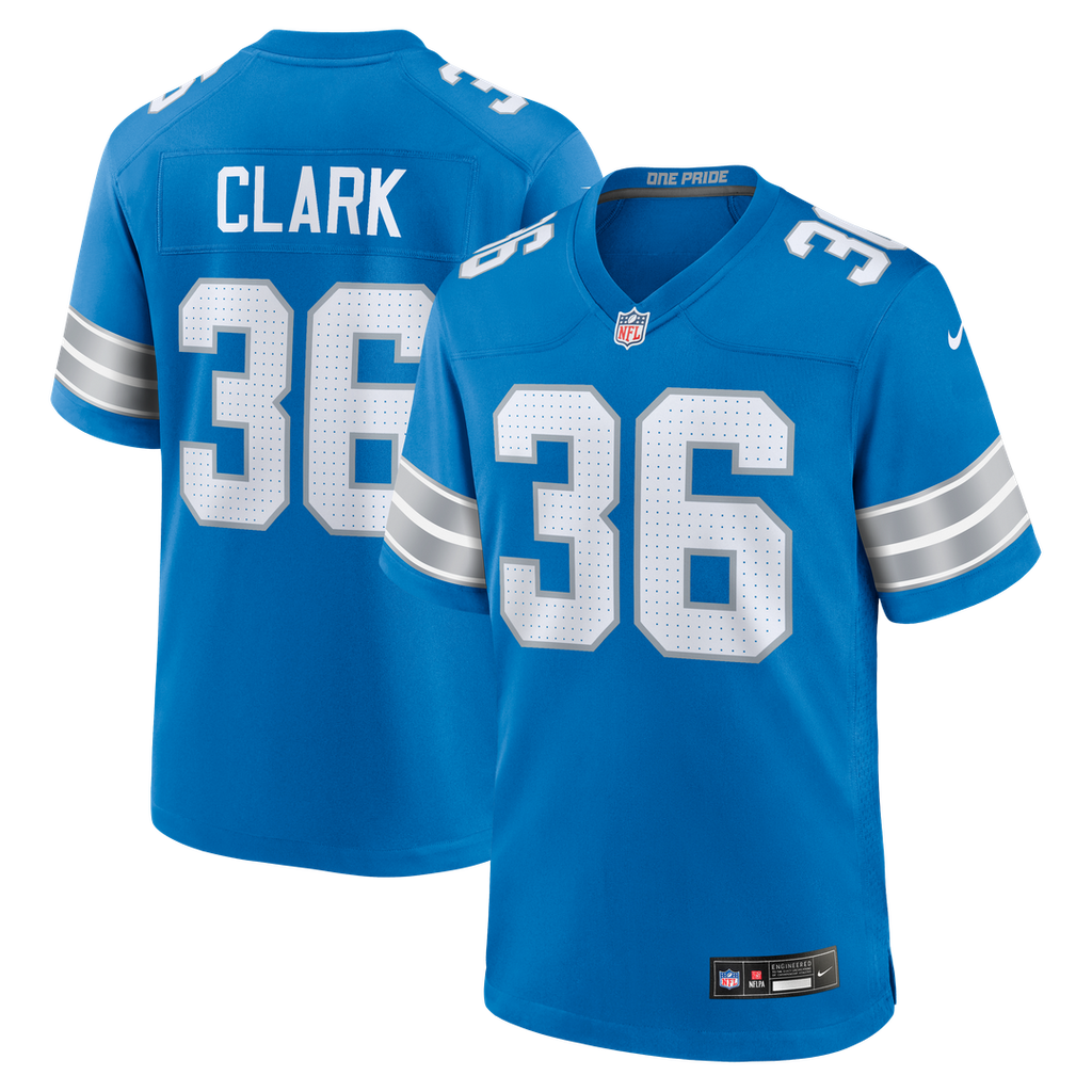 Detroit Lions Chuck Clark Nike Blue Team Game Jersey product image 1, provided for visual reference and product detail review