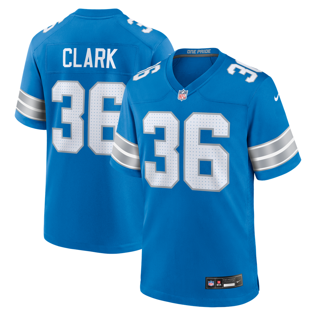 Detroit Lions Chuck Clark Nike Blue Team Game Jersey product image 1, provided for visual reference and product detail review