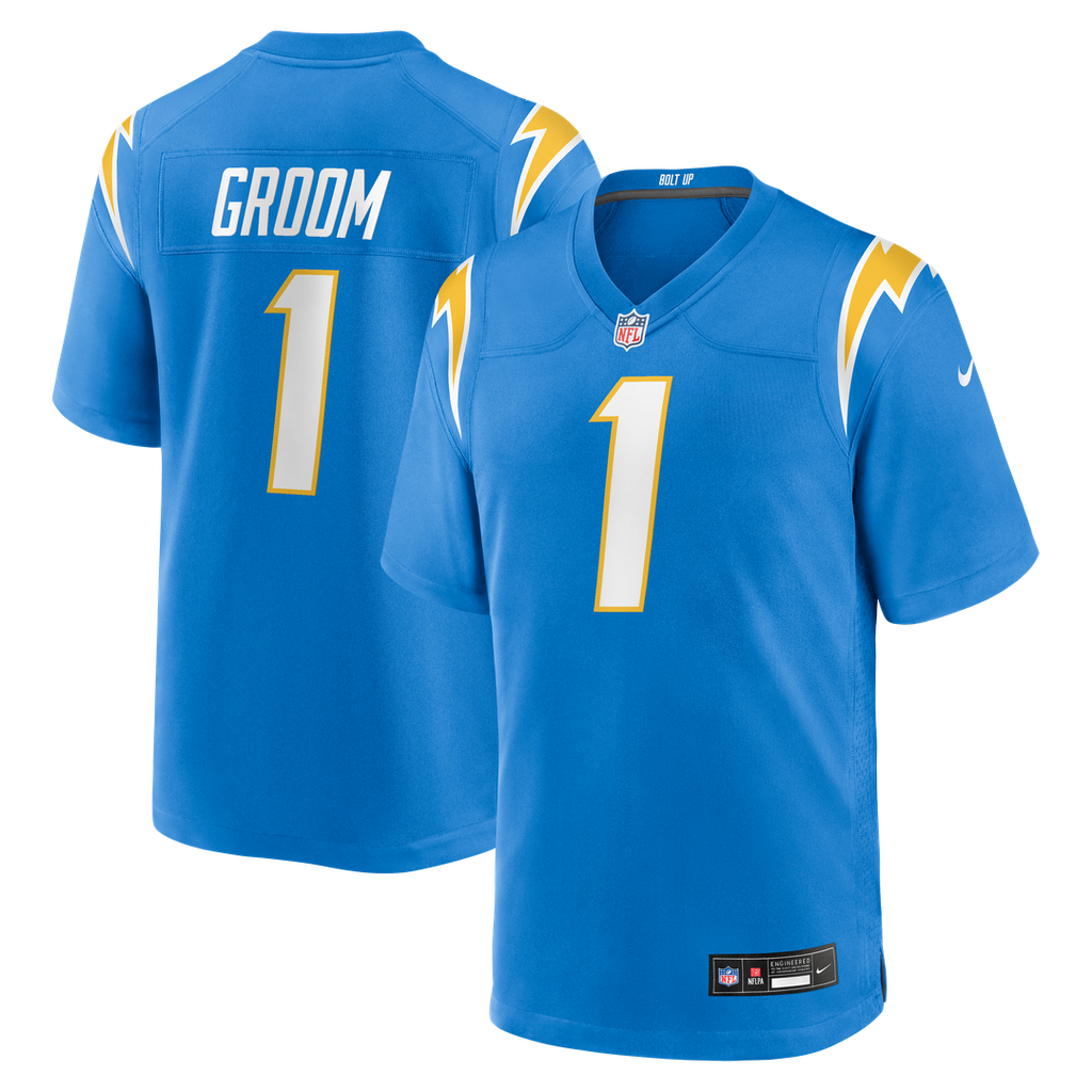 Los Angeles Chargers Number 1 Groom Nike Powder Blue Game Jersey product image 1, provided for visual reference and product