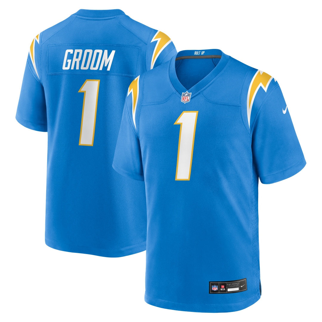 Los Angeles Chargers Number 1 Groom Nike Powder Blue Game Jersey product image 1, provided for visual reference and product
