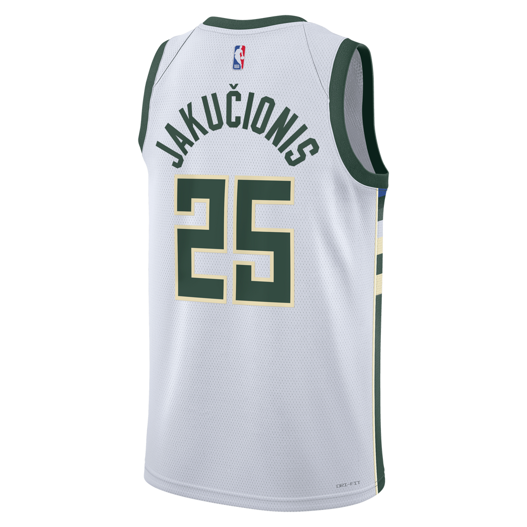 Milwaukee Bucks Nike Association Edition Swingman Jersey - White - Kasparas Jakučionis - Unisex product image 4, provided