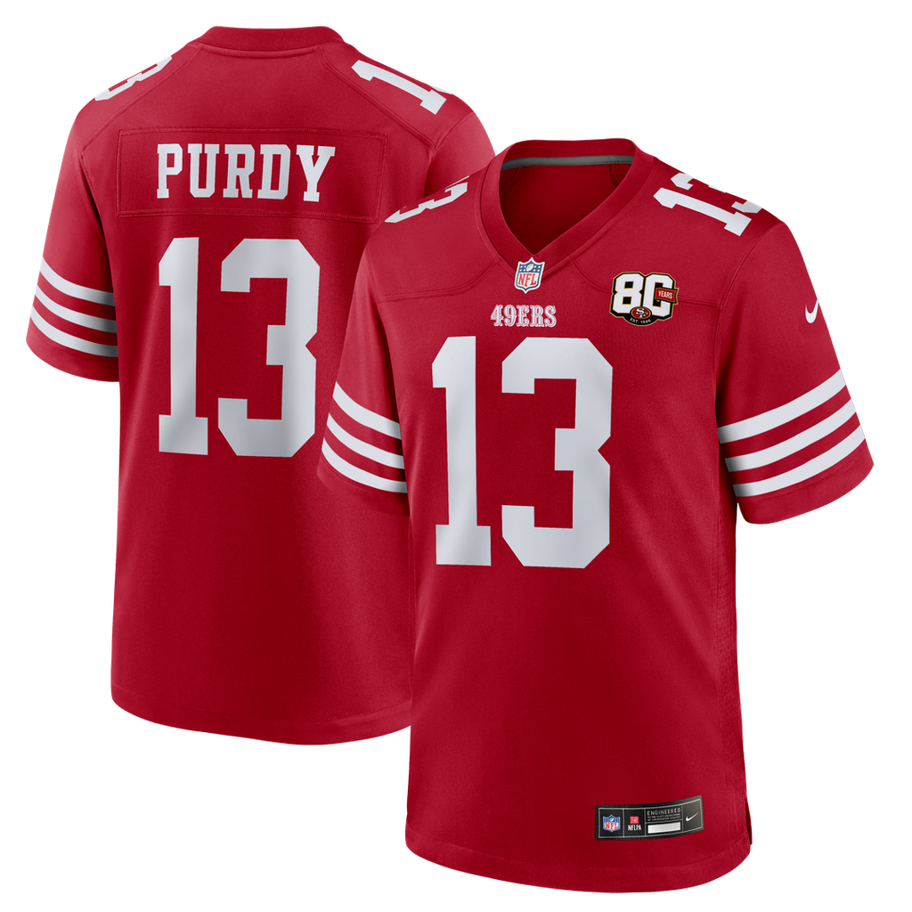 San Francisco 49ers Brock Purdy Nike Scarlet 80th Anniversary Game Jersey product image 1, provided for visual reference and