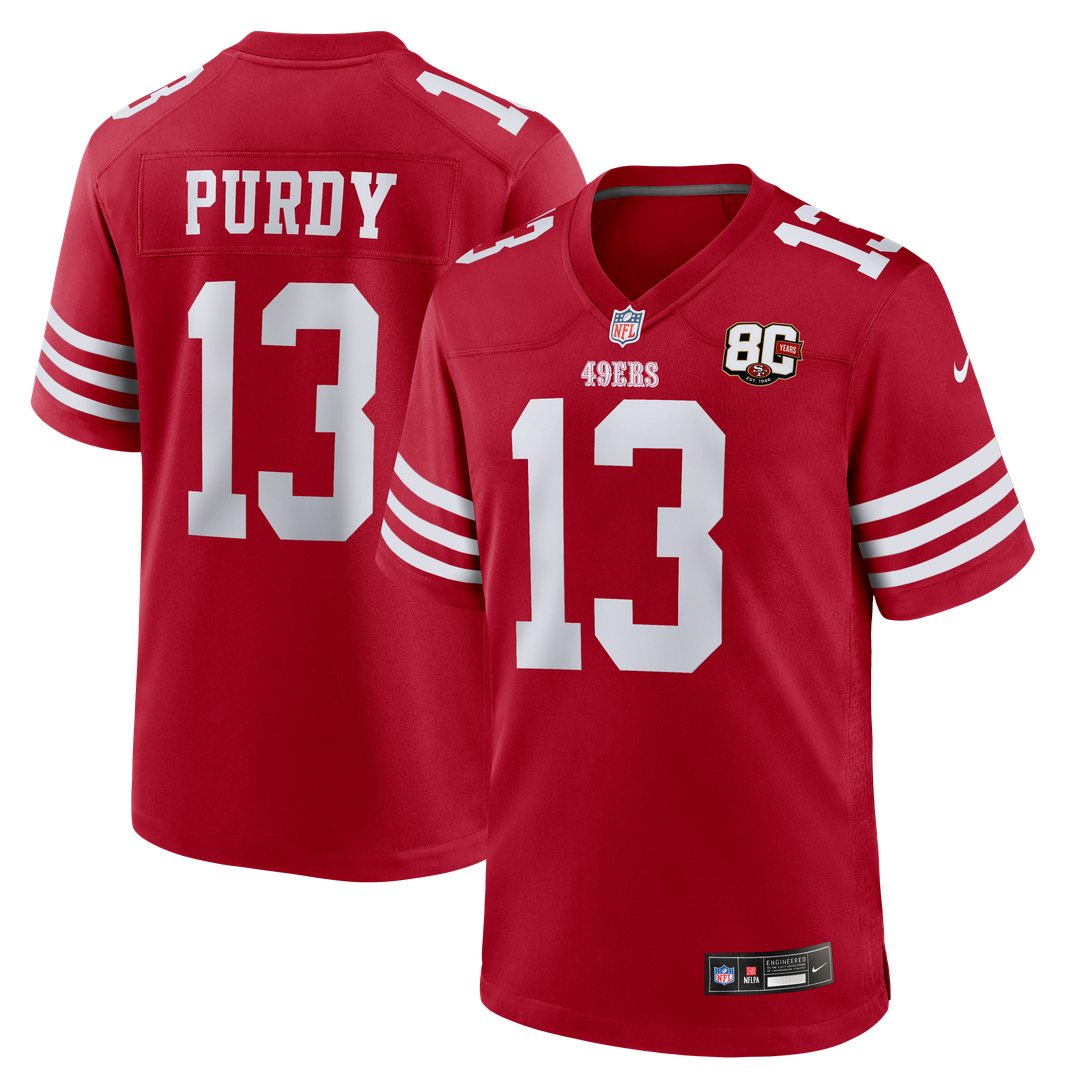 San Francisco 49ers Brock Purdy Nike Scarlet 80th Anniversary Game Jersey product image 1, provided for visual reference and