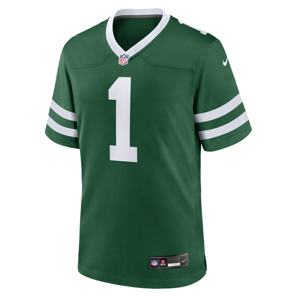 New York Jets Nike Legacy Green #1 Dad Game Jersey product image 2, provided for visual reference and product detail review