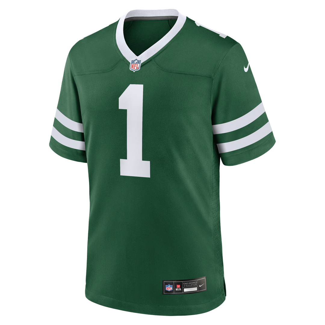 New York Jets Nike Legacy Green #1 Dad Game Jersey product image 2, provided for visual reference and product detail review