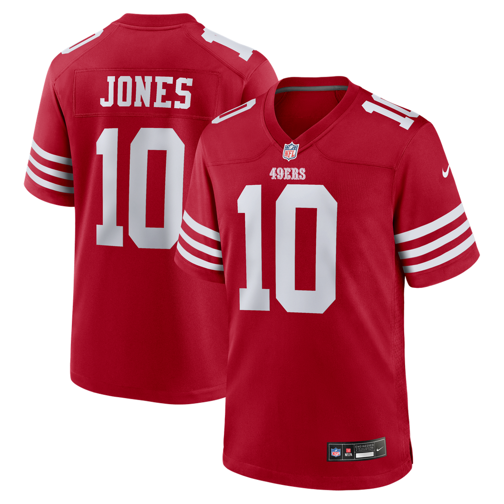 San Francisco 49ers Mac Jones Nike Scarlet Team Game Jersey product image 1, provided for visual reference and product
