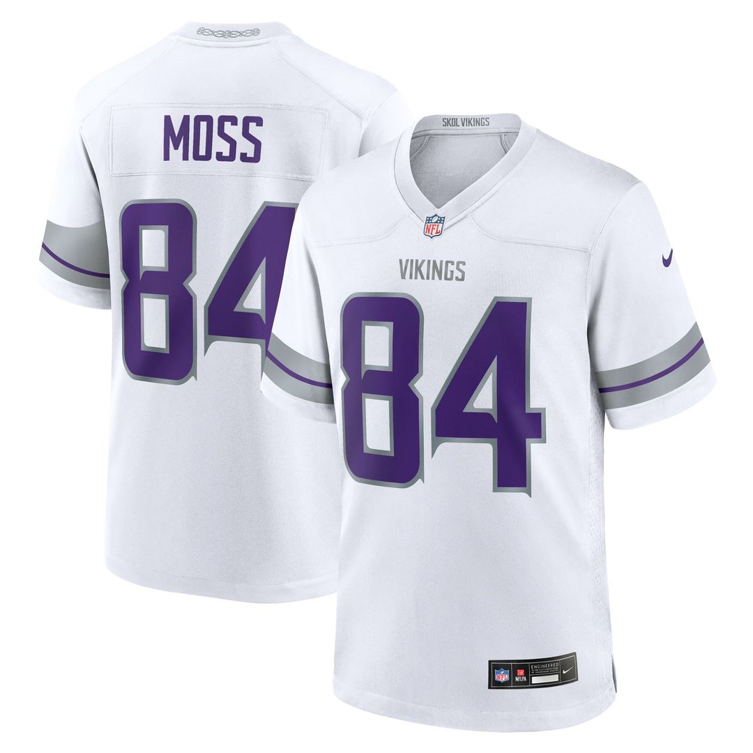 Minnesota Vikings Randy Moss Nike White Alternate Retired Player Game Jersey product image 1, provided for visual reference