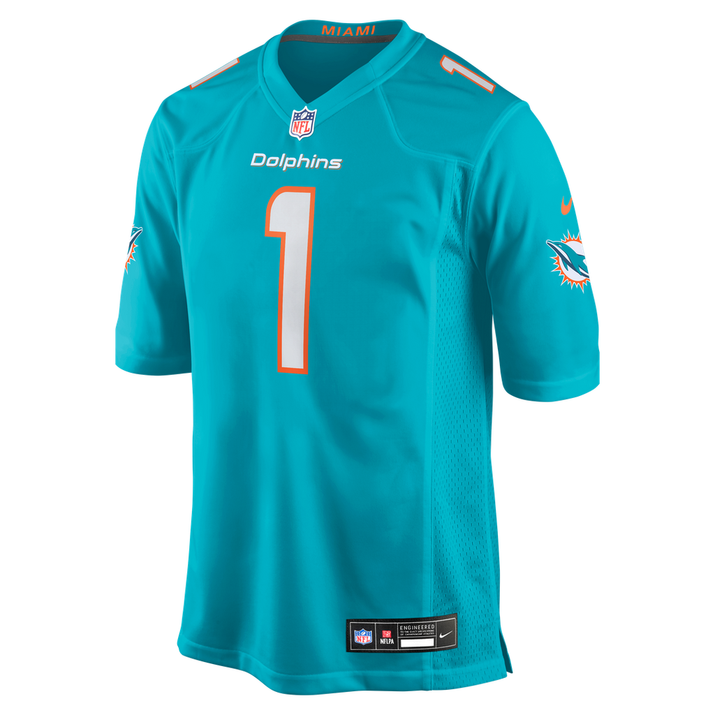 Miami Dolphins Number 1 Groom Nike Aqua Game Jersey product image 2, provided for visual reference and product detail review