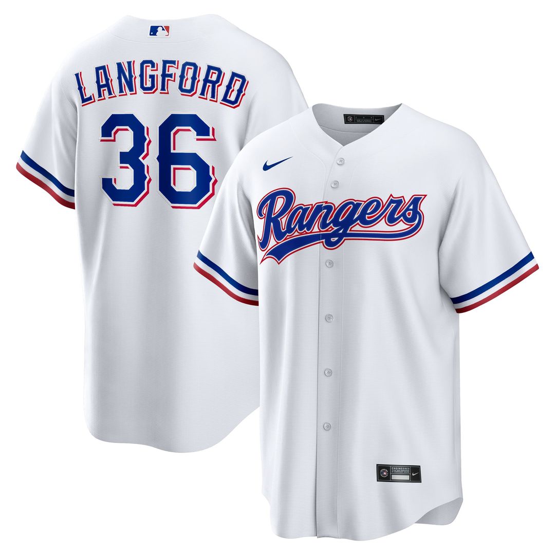 Texas Rangers Wyatt Langford Nike White Home Replica Jersey product image 1, provided for visual reference and product