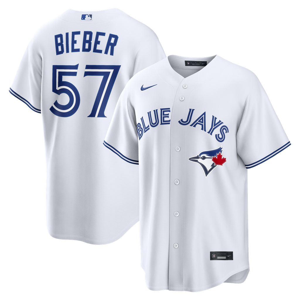 Toronto Blue Jays Shane Bieber Nike White Home Replica Jersey product image 1, provided for visual reference and product
