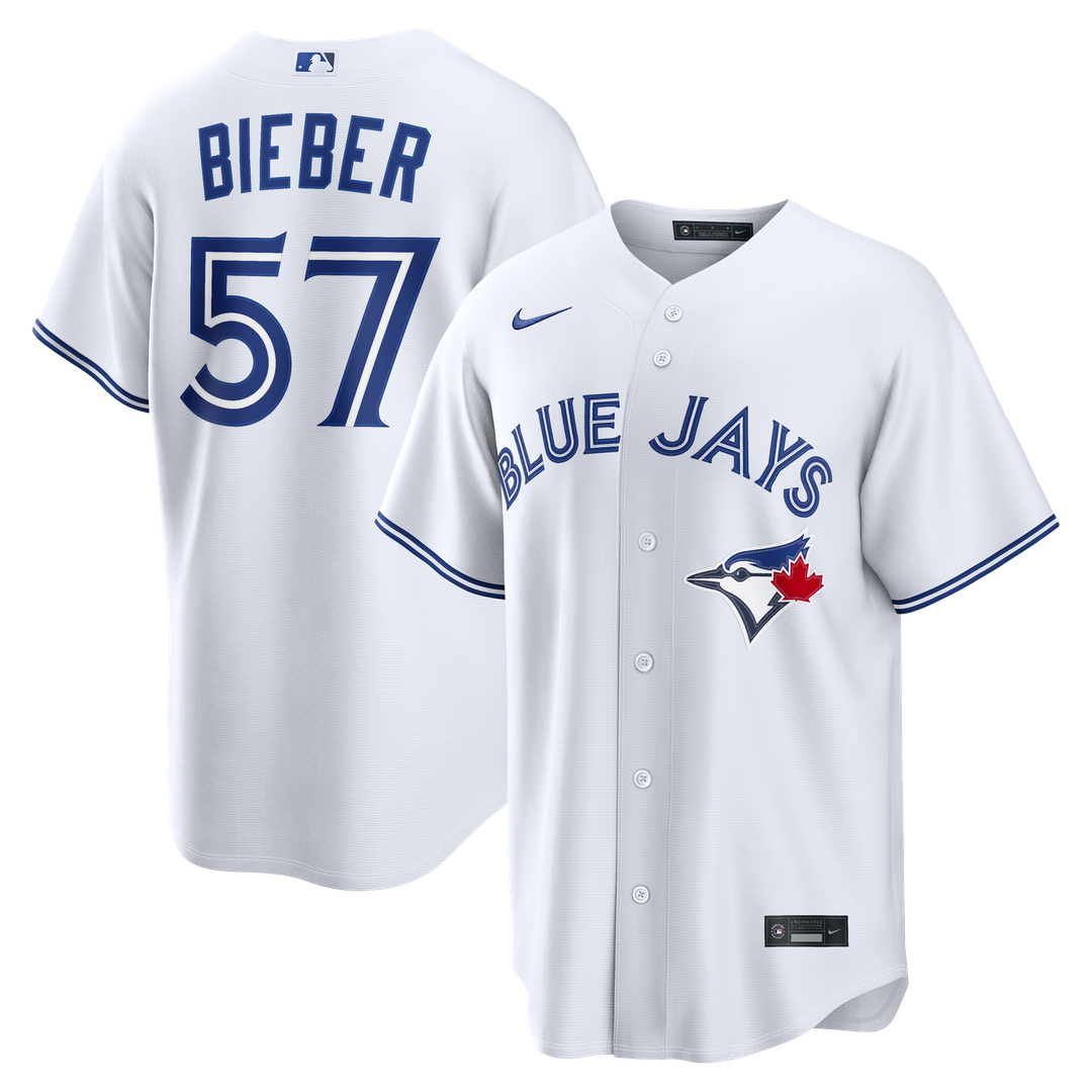 Toronto Blue Jays Shane Bieber Nike White Home Replica Jersey product image 1, provided for visual reference and product