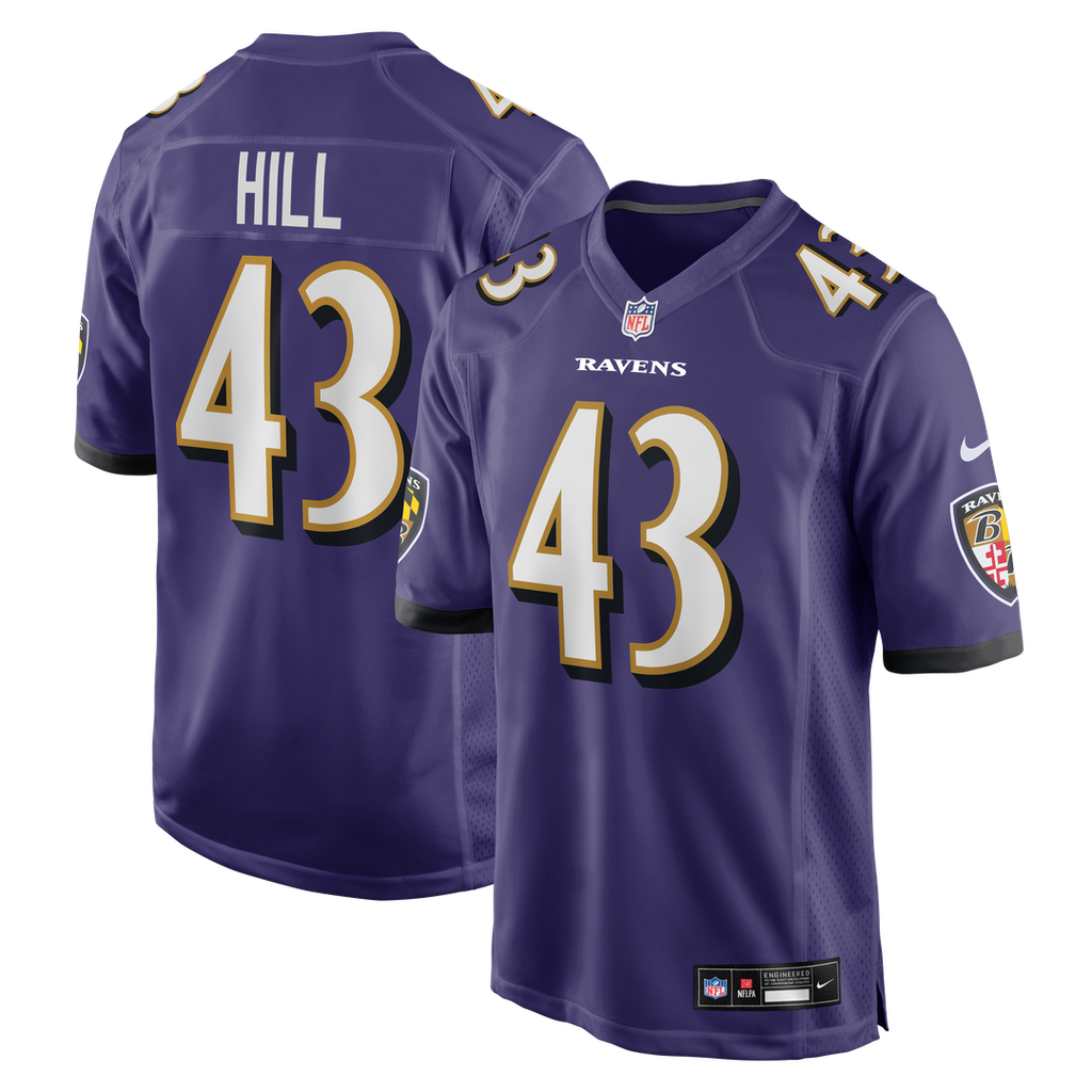 Baltimore Ravens Justice Hill Nike Purple Game Jersey product image 1, provided for visual reference and product detail