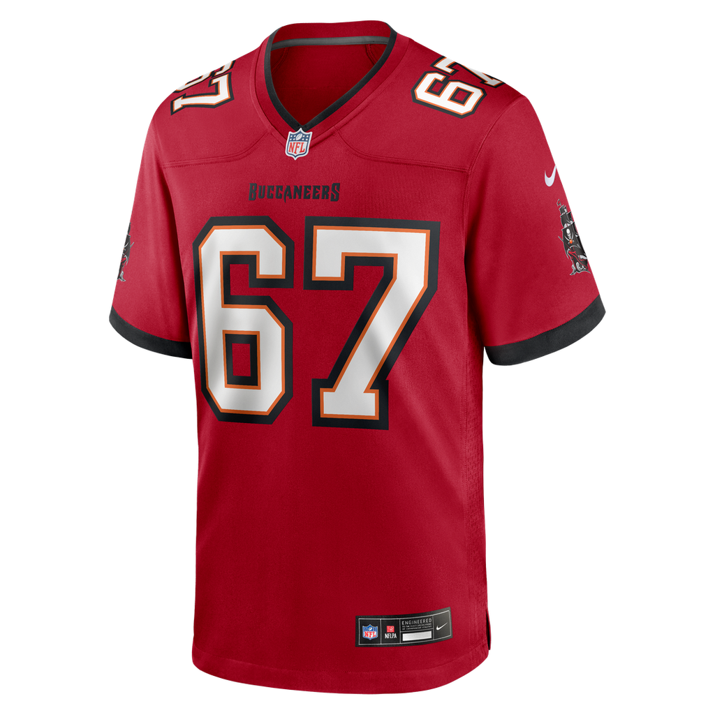 Tampa Bay Buccaneers Luke Goedeke Nike Red Game Player Jersey product image 2, provided for visual reference and product