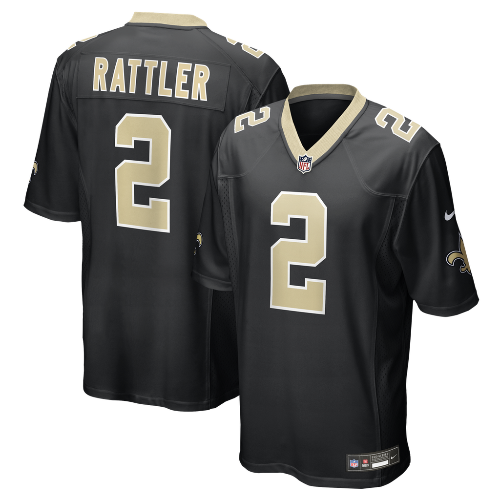 New Orleans Saints Spencer Rattler Nike Black Team Game Jersey product image 1, provided for visual reference and product