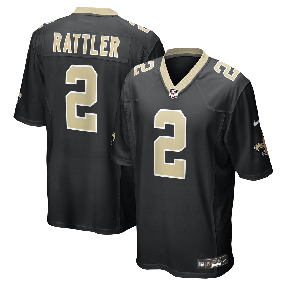 New Orleans Saints Spencer Rattler Nike Black Team Game Jersey product image 1, provided for visual reference and product