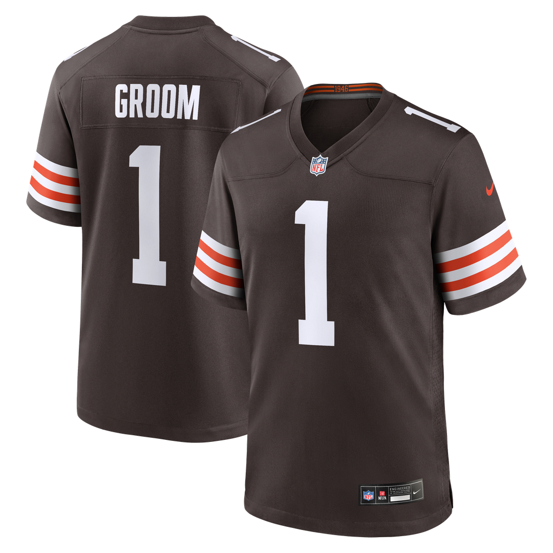 Cleveland Browns Number 1 Groom Nike Brown Game Jersey product image 1, provided for visual reference and product detail