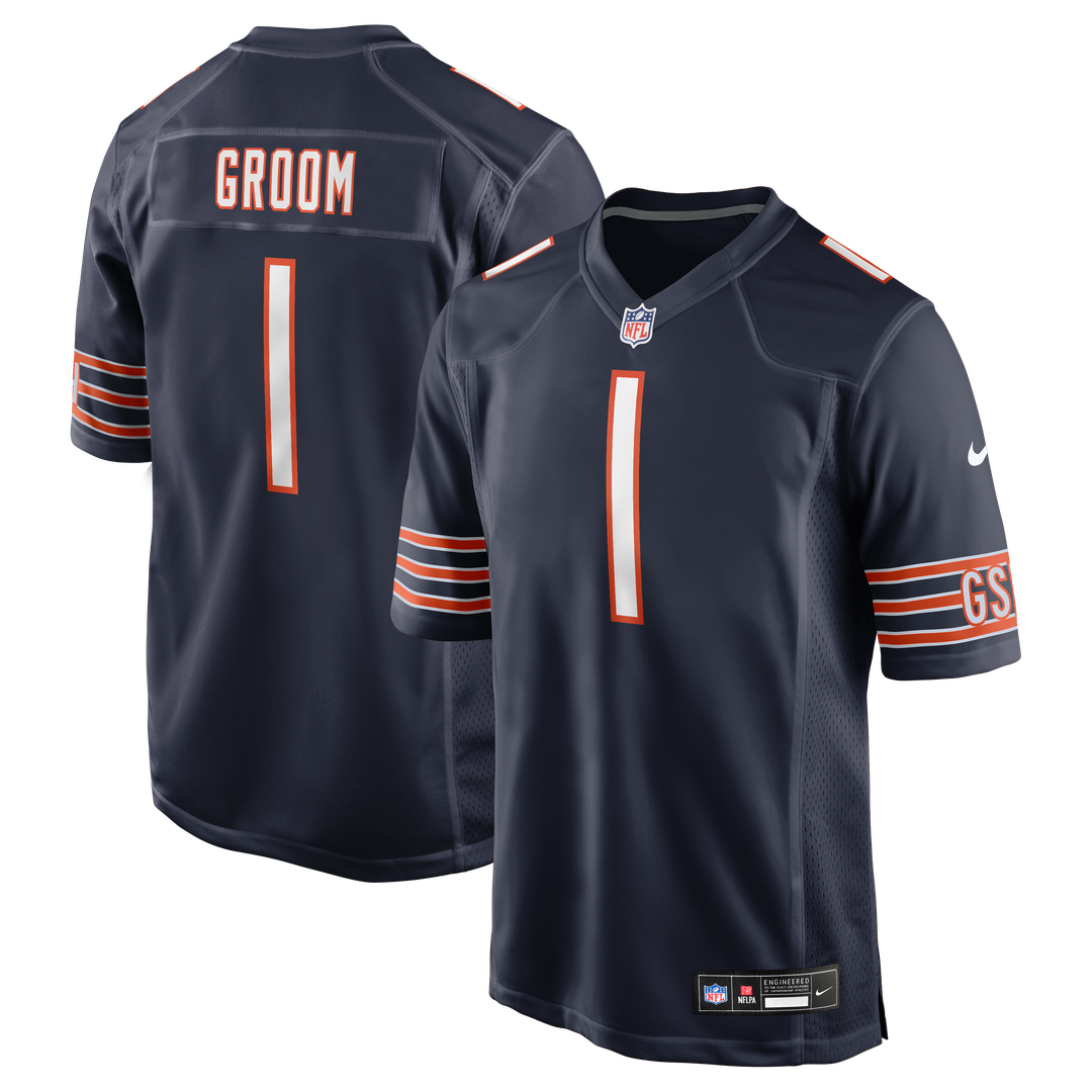 Chicago Bears Number 1 Groom Nike Navy Game Jersey product image 1, provided for visual reference and product detail review