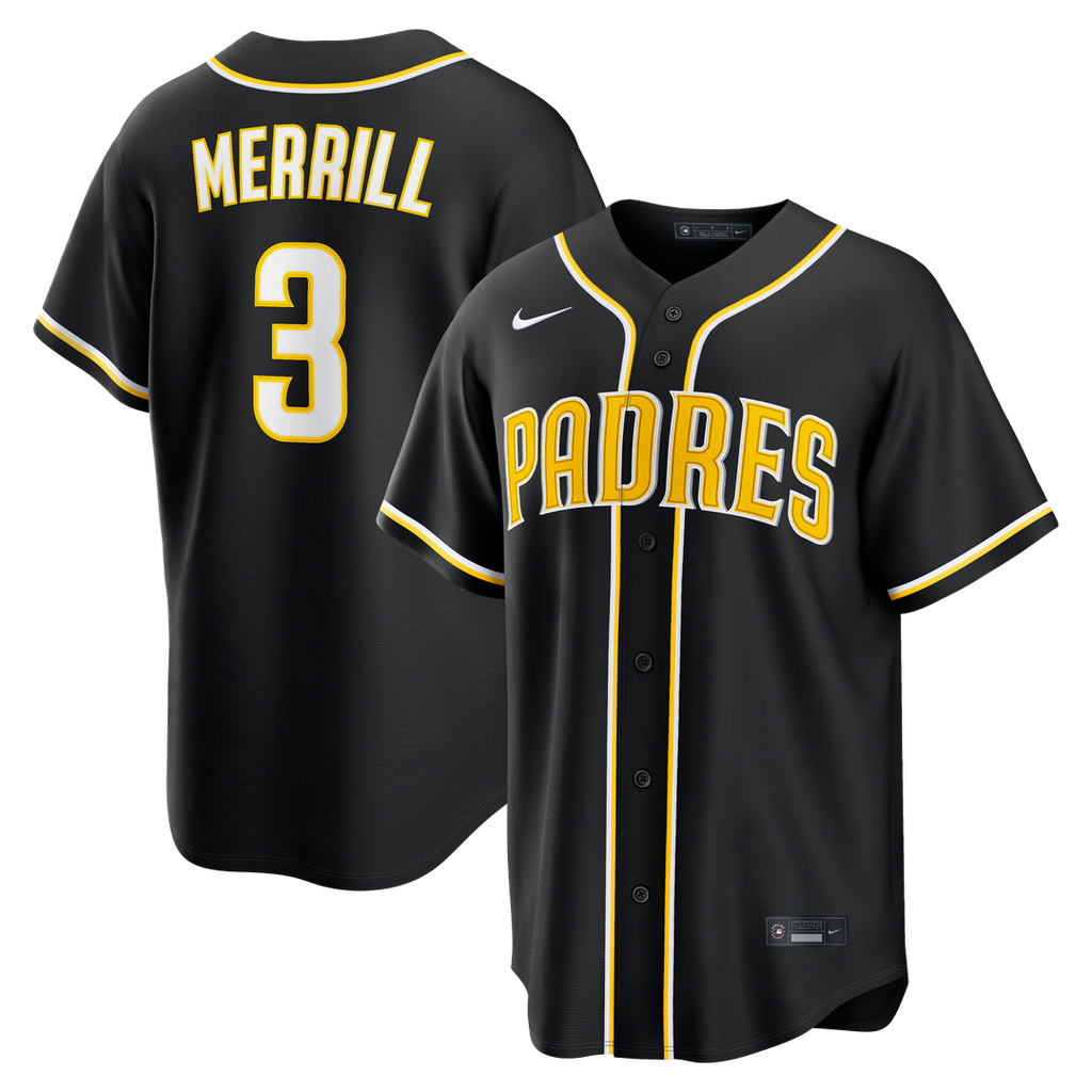 San Diego Padres Jackson Merrill Nike Fashion Replica Black Out Jersey product image 1, provided for visual reference and