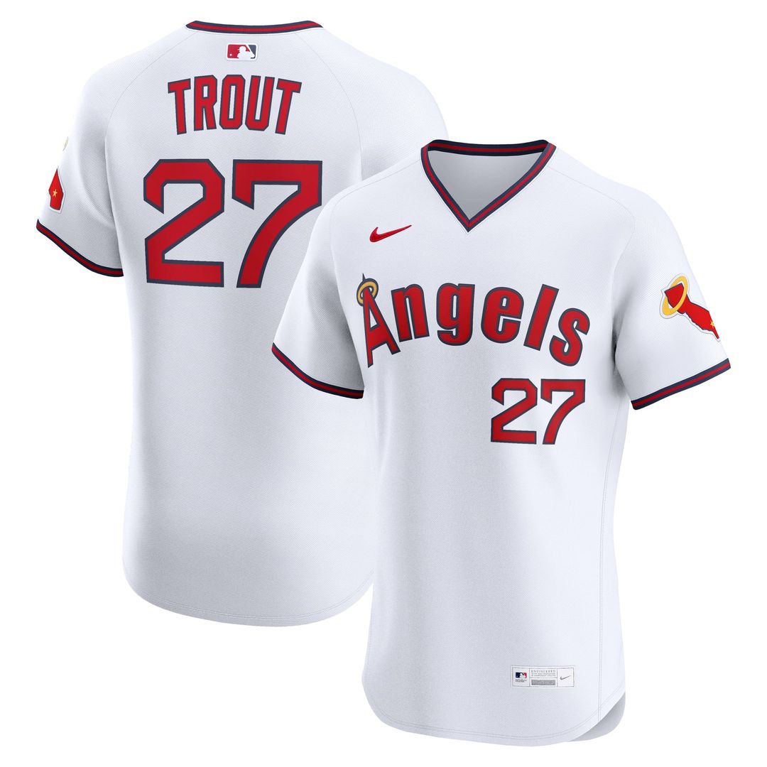 Los Angeles Angels Mike Trout Nike White Alternate 2 Elite Jersey product image 1, provided for visual reference and product