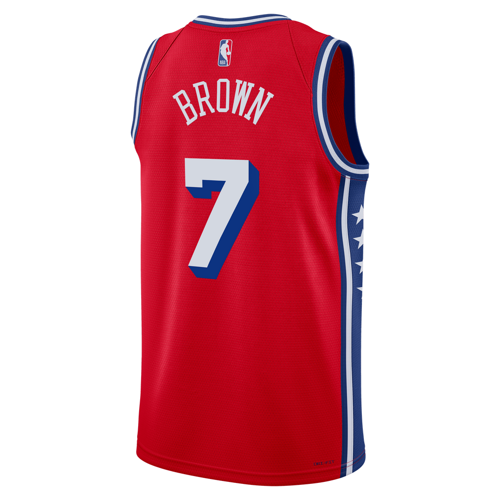 hiladelphia 76ers Jordan Brand Statement Edition Swingman Jersey - Red - Jaylen Brown - Unisex product image 4, provided for
