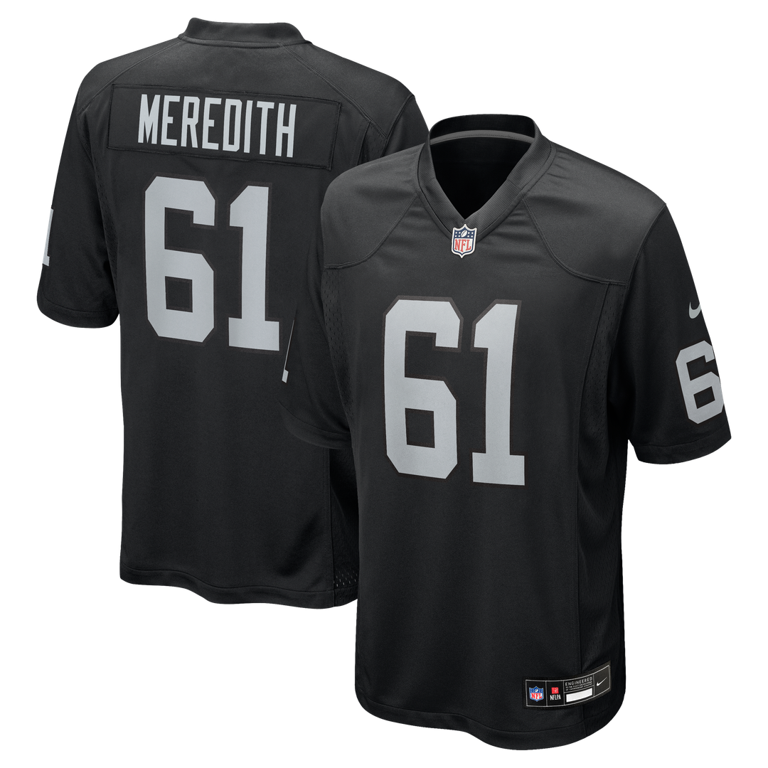 Las Vegas Raiders Jordan Meredith Nike Black Game Player Jersey product image 1, provided for visual reference and product