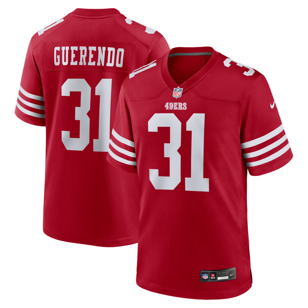 San Francisco 49ers Isaac Guerendo Nike Scarlet Game Jersey product image 1, provided for visual reference and product