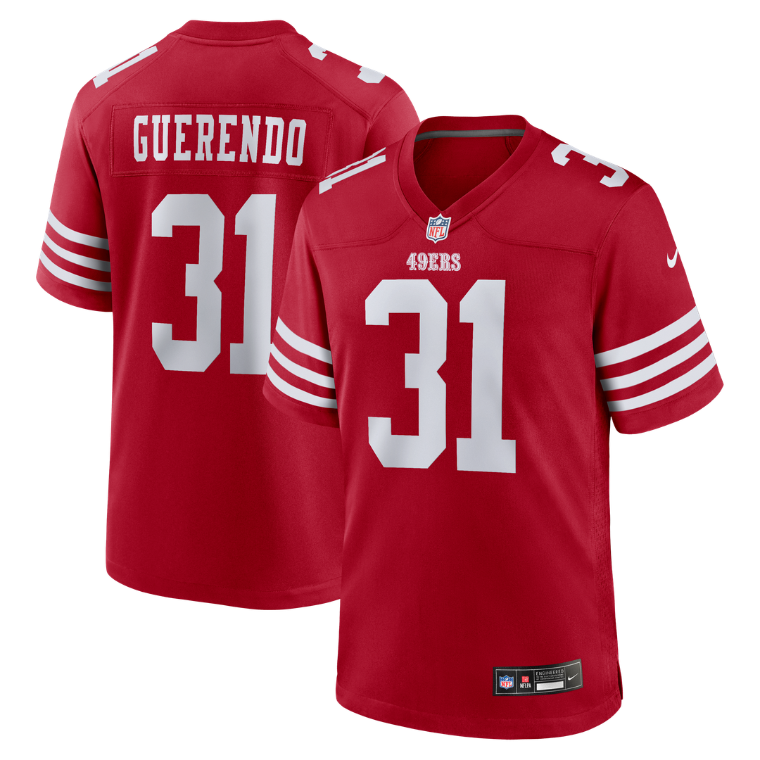 San Francisco 49ers Isaac Guerendo Nike Scarlet Game Jersey product image 1, provided for visual reference and product